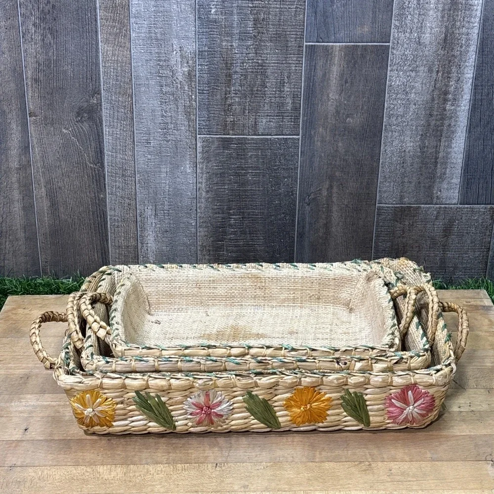 Vintage 60s 70s Raffia Floral Nesting Baskets Set 3 Boho Decor AS IS